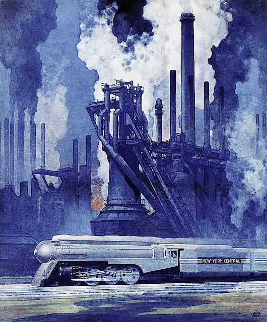 a Leslie Ragan illustration of a train and factory all in blue