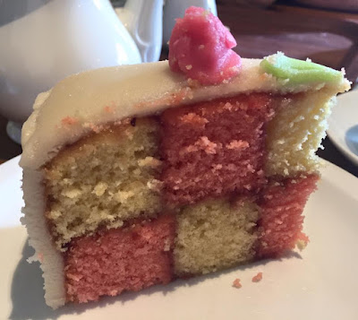 Homemade Battenberg cake at Moorhouse Farm Shop near Stannington, Morpeth, Northumberland