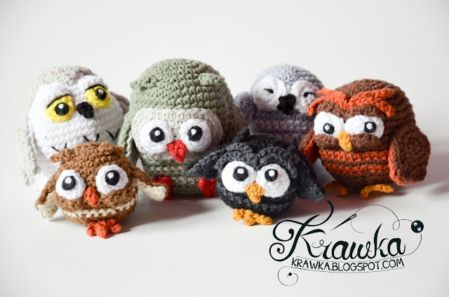 Krawka: Owlery crochet pattern, cute little owls bunch: Blacky, Dopey, Sleppy, Grumpy, Snowy and Bob owls