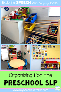 Are you looking to organize your room for drop in speech and language services for preschoolers?  Here are some tips of how I have organized and structured my room for the PreK crowd.  #prekslp #speechtherapy #preschool