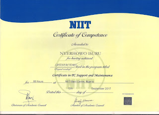 Nyerhowo Isuru - NIIT certificate