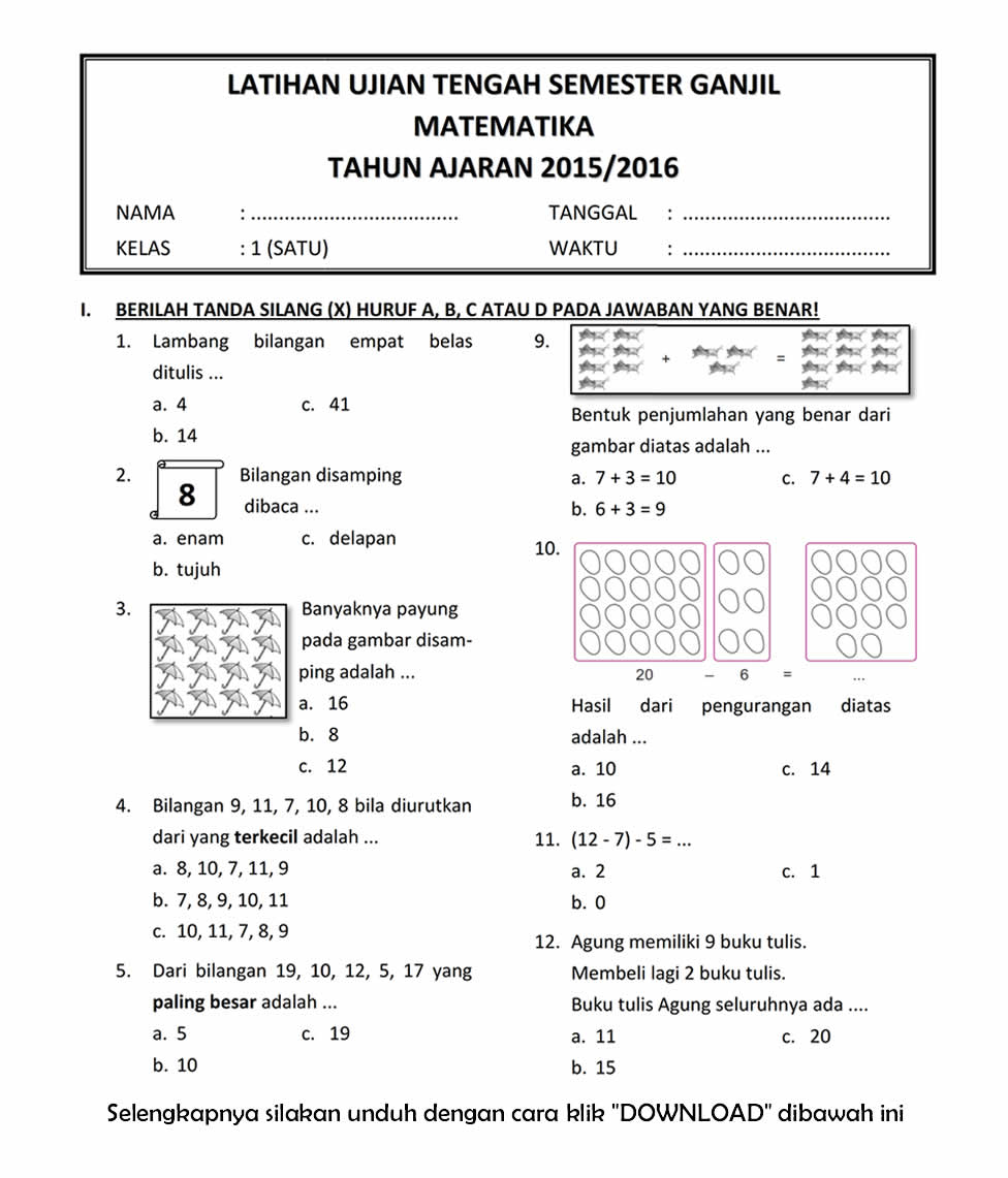 Latihan Soal Uas Matematika Kelas 2 Sd Semester 1 divinesoup