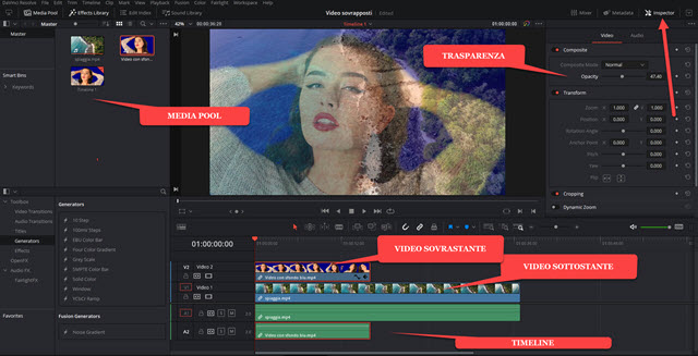 tracce video una sopra altra in davinci resolve