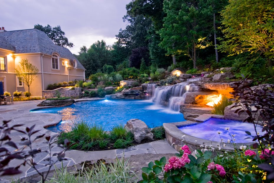 Swimming pool design with waterfalls, Backyard design ideas, pool design ideas, Backyard waterfalls, garden design ideas