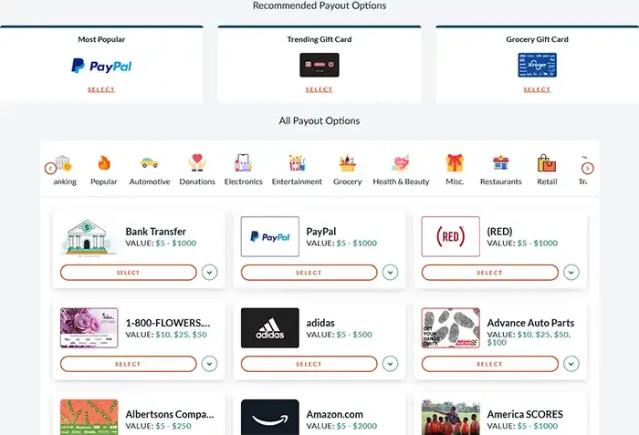 Branded Surveys payout options screen showing PayPal, bank transfer, and gift card choices.