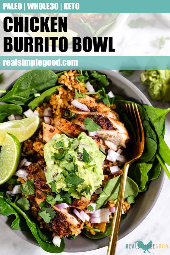 This Paleo, Whole30 + Keto chicken burrito bowl is likely to become a weekly staple and the leftovers are just as good as the day you make it, maybe better! It's a healthy and easy meal ready in just 25 minutes and better than Chipotle! | realsimplegood.com #paleo #whole30 #keto #burritobowl #dairyfree #grainfree #legumefree