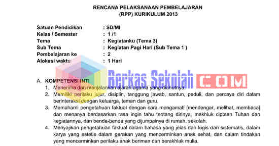 Rpp K13 Kelas 1 Tema Kegiatanku Sub Acara Pagi Hari Semua Pembelajaran