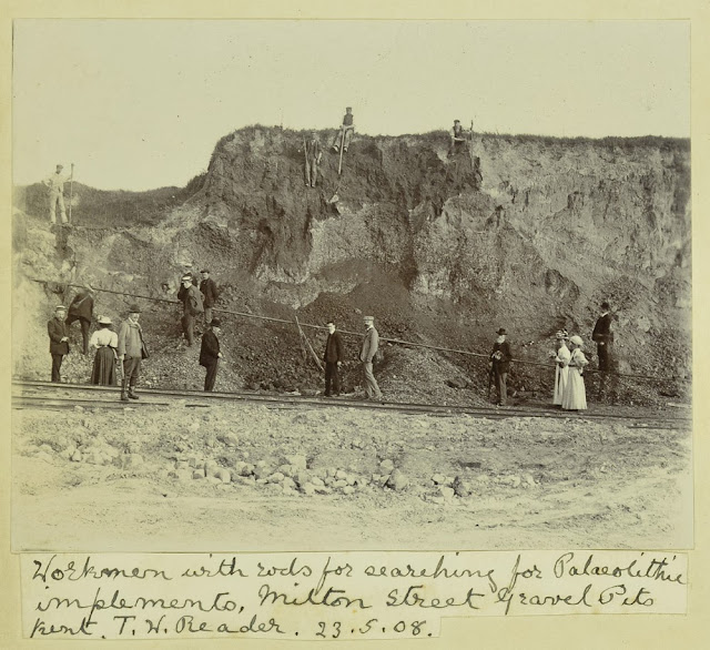 Caption: Workmen with rods for searching for Palaeolithic implements, Milton Street Gravel Pits, Kent. T.W. Reader 23.5.08. [1908]