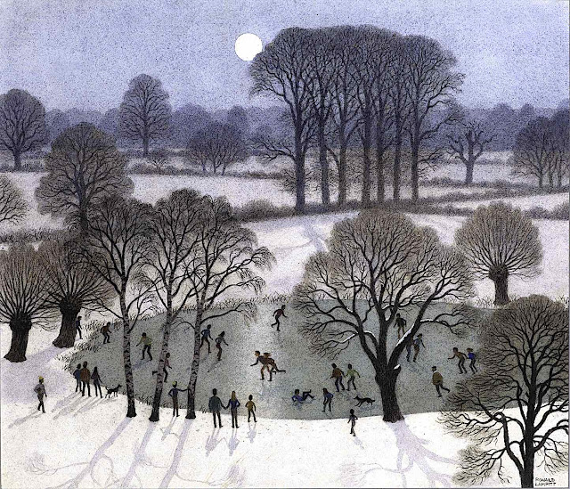 a Ronald Lampitt illustration of country skaters in moonlight from an aerial view