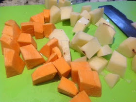 cut up sweet potato and white potato