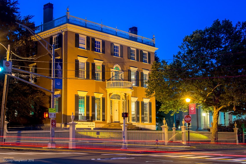 Portland, Maine USA July 2016 photo by Corey Templeton. A nighttime view of the McLellan-Sweat Mansion, at the corner of High and Spring Streets.