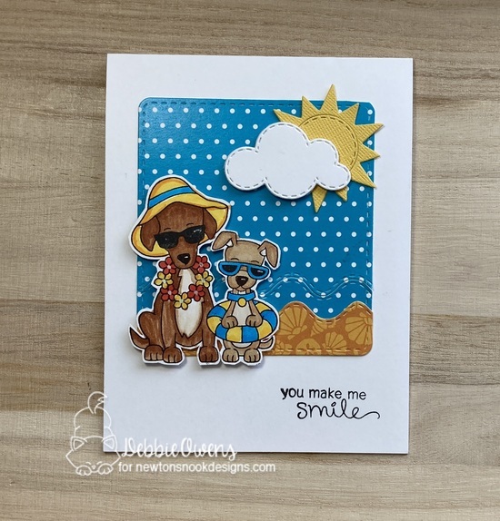 You make me smile by Debbie features Beach Barks, Sky Scene Builder, Summertime, Frames Squared, Sea Borders, and Dog Days of Summer by Newton's Nook Designs; #inkypaws, #newtonsnook, #dogcards, #cardmaking