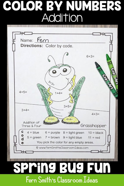 Looking For Some New Spring Addition Color By Numbers for Your Class? Color By Numbers Spring Bug Fun Addition Resource. FIVE Color By Numbers Addition Spring Bug Fun with Numbers - Color By Numbers Printables for some Spring Math Fun in your kindergarten or first grade classroom! #FernSmithsClassroomIdeas