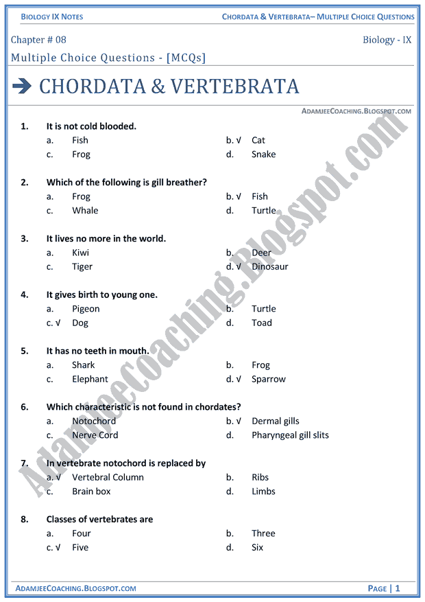 chordata-and-vertebrata-multiple-choice-questions-biology-notes-for-class-9th