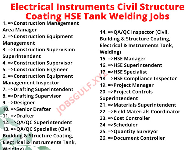 Electrical Instruments Civil Structure Coating HSE Tank Welding Jobs