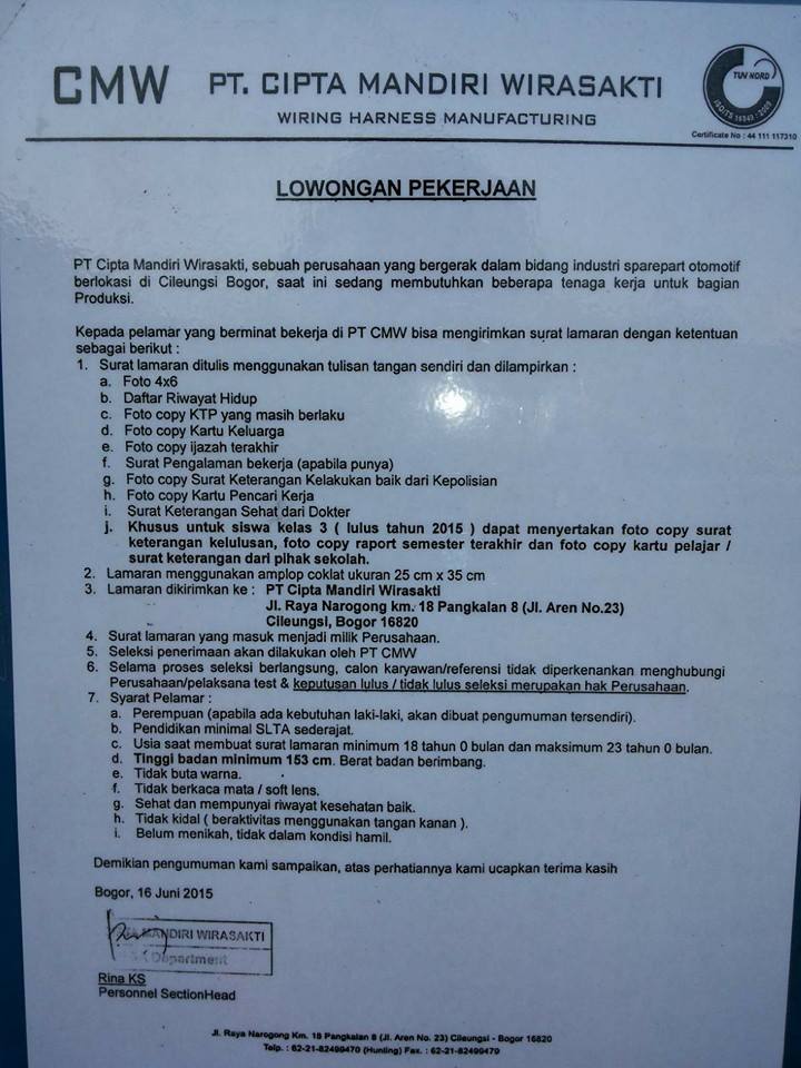 Lowongan Kerja PT. Cipta Mandiri Wirasakti (PT. CMW)