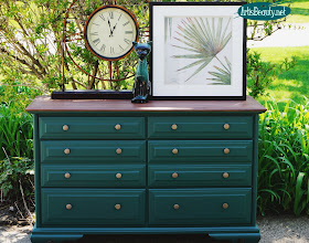 before and after vintage long dresser makeover using general finishes gel stain and milk paint in westminster green