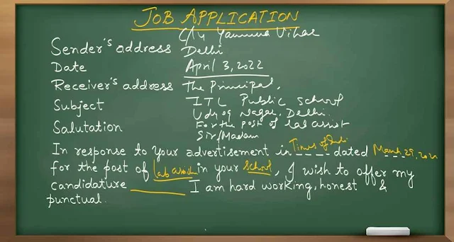 JOB APPLICATION 44 Yauna Vihar  Sender's address Delhi  Date