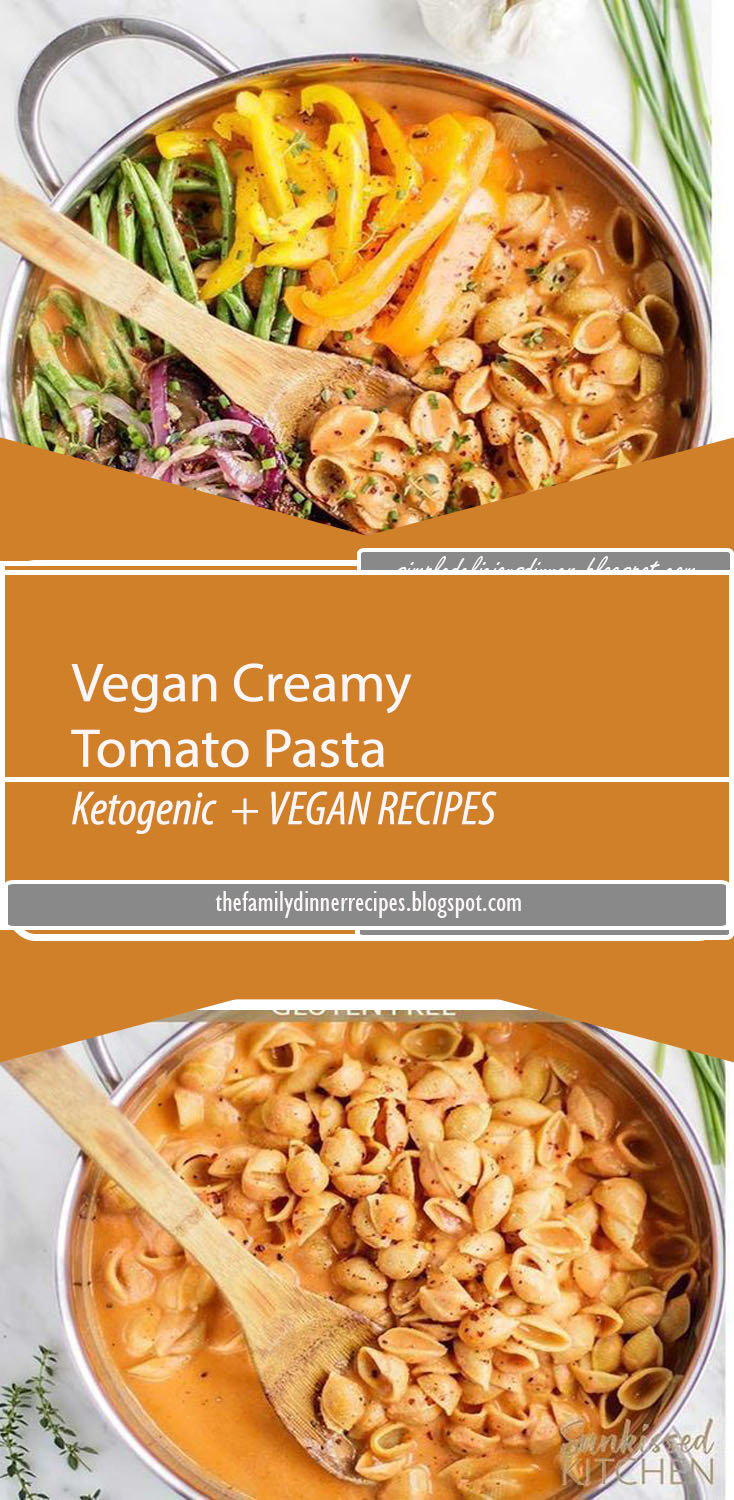 "Vegan Creamy Tomato Pasta / This gluten free pasta is am easy one pot pasta recipe. Smothered in a dairy free creamy tomato pasta sauce, and loaded with sauteed veggies. A great easy dinner! | SUNKISSEDKITCHEN.COM | #sunkissedkitchen #creamytomato #vegan #onepot #onepotpasta #cashewsauce "