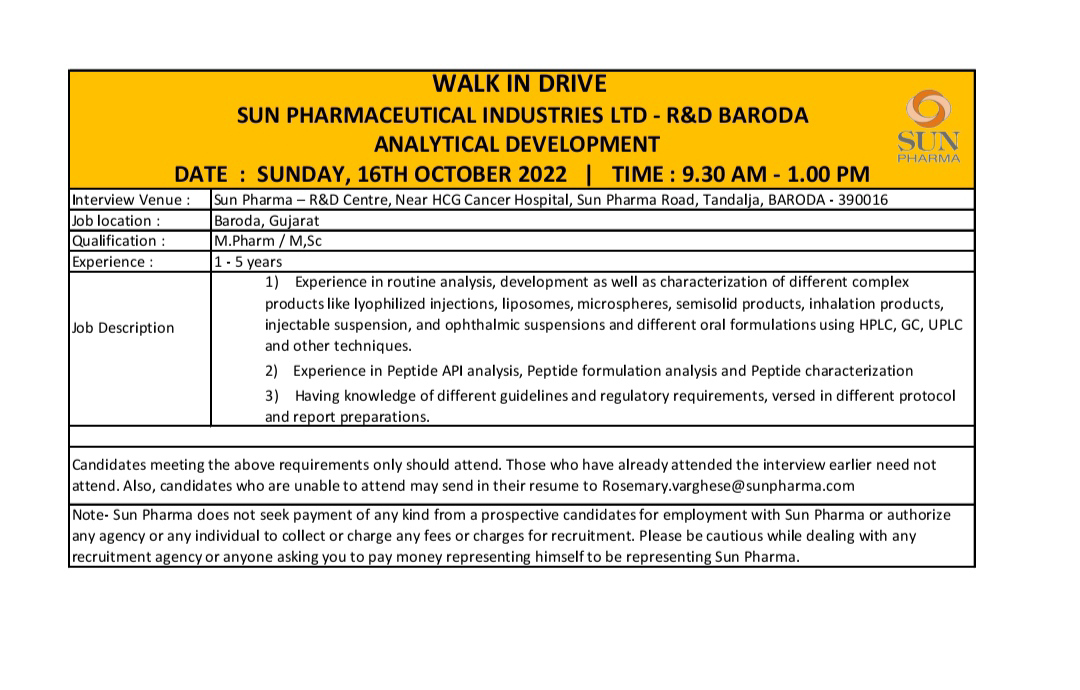 Job Availables for Sun Pharmaceutical Industries Ltd Walk-In Interview for Analytical Development