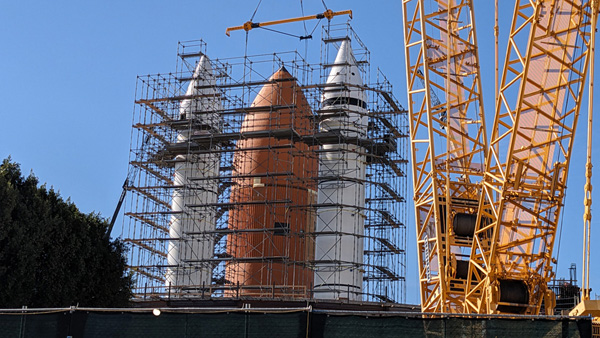 Endeavour's external tank ET-94 and the twin SRBs now rest inside the premises of the California Science Center's future Samuel Oschin Air and Space Center in Los Angeles...on January 12, 2024.