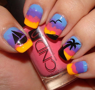 Sunset Palm tree sail boat water sun vacation nails nail art mani manicure Beautopia Nails bird