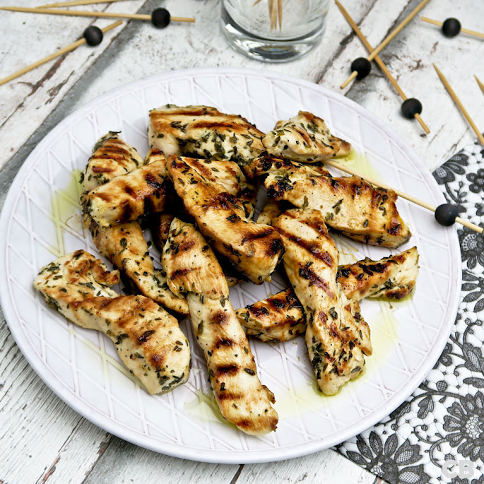 Recept Krokant gegrilde kipfiletreepjes met citroen en tijm