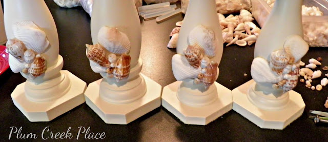 Seashell encrusted candle holders - Plum Creek Place DIY Tutorial