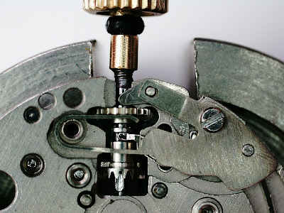 Dial side of the winding mechanism photographed under microscope