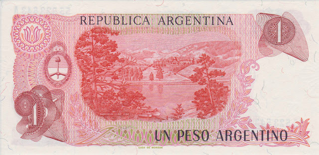 Argentina money currency 1 Peso Argentino banknote 1985 Llao Llao Hotel, tourist resort of San Carlos de Bariloche