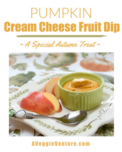 Pumpkin-Cream Cheese Fruit Dip, more pumpkin fun ♥ AVeggieVenture.com. Just four ingredients and ten minutes.