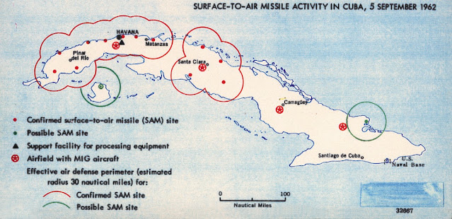Mapa criado pela inteligência americana mostrando a atividade de mísseis terra-ar em Cuba, 5 de setembro de 1962