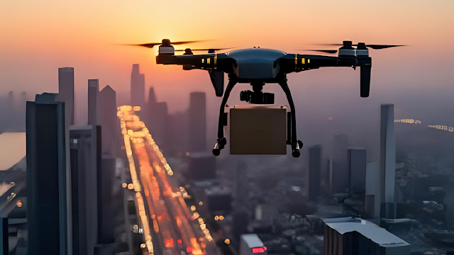 Futuristic Drone Delivery in an Urban Skyline