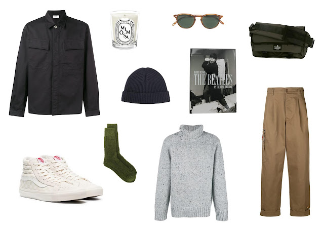 a menswear outfit collage featuring items available on farfetch for the black friday sale