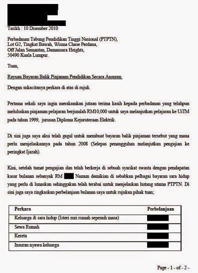 Contoh Surat Rayuan PTPTN Permohonan Pinjaman