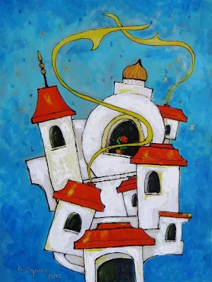 Оксана Лупич: Город в небе. 2012 (Акрил, декорат. техники, оргалит, 40х30)