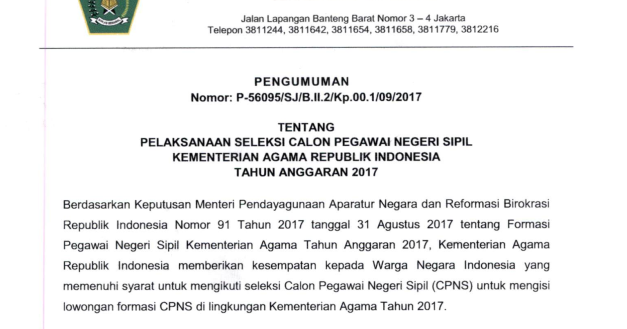 KEMENAG - Soal dan Pendaftaran CPNS Kementerian Agama 2017 