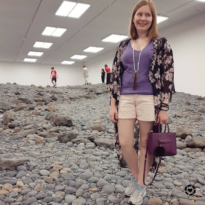 awayfromtheblue Instagram | mum style purple tee and pastel pink shorts matching outfit to print in floral kimono