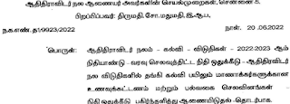 ஆதிதிராவிடர் நலம் - கல்வி - விடுதிகள் 2022-2023 ஆம் நிதியாண்டு -வரவு செலவுத்திட்ட நிதி ஒதுக்கீடு -ஆதிதிரவிடர் நல விடுதிகளில் தங்கி கல்வி பயிலும் மாணாக்கர்களுக்கான உணவுக்கட்டணம் மற்றும் பல்வகை செலவினங்கள் நிதி ஒதுக்கீடு பகிர்ந்தளித்து ஆணையிடுதல் - தொடர்பாக