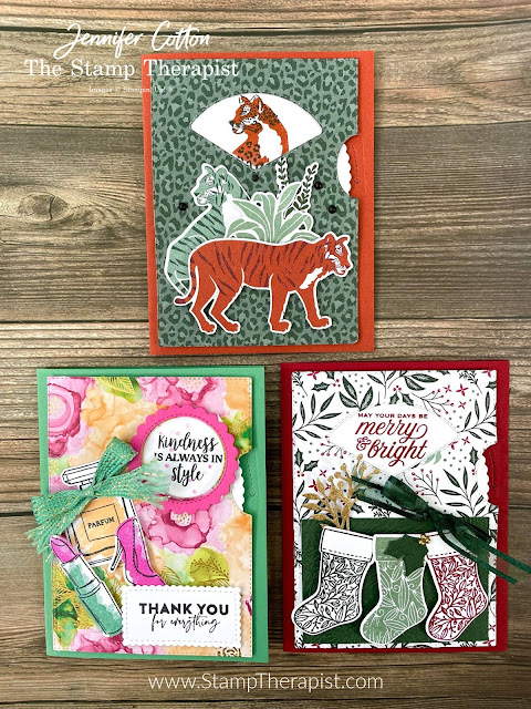 Three cards using the Give it a Whirl Dies from Stampin' Up!.  Also uses: Wild Cats, Tidings & Trimmings, Dressed to Impress.  Fun "spinner" cards.  Link to video, supply list, and measurements on the blog.  #StampinUp #StampTherapist #GiveitaWhirl