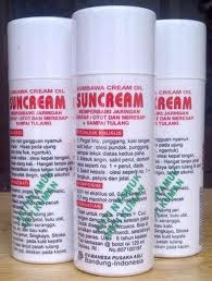 SUNCREAM – Herbal Untuk Mengatasi Masalah Jaringan Syaraf dan Otot
“Meresap Sampai ke Tulang Baik dan sangat baik untuk Perawatan,
Kesehatan, dan Kecantikan”

Bahan Baku:
Bahan yang digunakan Suncream Sumbawa dari
bahan alami antara lain: sereh wangi, gandapura,
ekalyptus, essense jeruk, menthol, peppermint,
tidak menggunakan alcohol, sehingga efektif
untuk pengobatan yang sangat mujarab.

Indikasi:
– Inhaler: hisap pada ujung botol (bila flu,
mengantuk)
– Sesak nafas: olesi kepal tangan, hisap berulang
kali
– Hangat
– Tanpa efek dingin (tidak seperti balsem)
– Tanpa Alkohol

Manfaat Suncream Sumbawa untuk Mengobati:
– Keseleo, Pegal, Reumatik, Asam Urat, Varises
– Masuk Angin, Kulit tumit pecah-pecah
– Jerawat
– Kuman (Gatal2 bulu ulat, koreng, gigitan
serangga, kutu air, dan bau kaki)
– Untuk proses lanjut patah tulang
– Menghangatkan badan
– Panu, Jamur, Balas bogo, Bau kaki
– Ketombe, dan
– Proses lanjut patah tulang

Ijin dari Depkes RI:
SP. No. 807/10-01/97

Dikeluarkan oleh:
CV Mahesa Pusaka Asli, Bandung.

Kemasan:
– SUNCREAM Sumbawa Cream Oil dikemas
dalam botol isi 120ml
– 1 pak berisi 10 botol 
Nama Produk  : SUNCREAM

Harga                 : Pulau Jawa 35.000,-  Luar Jawa : 40.000,-

Produsen         : CV Mahesa Pusaka Asli

Volume/Isi    : 125 ml.

Deskripsi Produk :

SUNCREAM atau  Sumbawa Cream Oil, obat gosok yang memiliki panas meresap hingga ke tulang, bekerja memperbaiki jaringan syaraf/otot, Krim ini 

menghasilkan panas lebih lama dari pada obat gosok yang beredar di pasaran. Krim ini cukup nyaman di kulit, karena tidak lengket di kulit. Bahkan bila memakainya sebelum mandi, maka panas tidak menghilang setelah mandi. Krim ini sangat aman karena tanpa efek dingin.

Suncream Berkhasiat Untuk :

        Mengatasi sakit kapala, masuk angin
    Mengatasi keseleo, pegal, linu, rematik, asam urat, dan varises
    Mencegah pecah-pecah pada kulit tumit
    Mengurangi jerawat
     Menghilangkan gatal-gatal akibat bulu ulat, koreng, gigitan serangga, kutu air dan kuman yang menyebabkan bau kak
    Menghilangkan panu dan jamur. caranya dengan mengolesi tipis dengan kapas
    Membantu menghilangkan ketombe, dengan mengolesi kulit kepala
    Proses lanjut patah tulang

Petunjuk Pemakaian Suncream :

    Pegal linu, pinggang, kaki tangan, dan sulit tidur : oleskan krim di pundak, punggung, sampai lekuk di atas kedua paha
    Masuk angin, sakit perut, demam, oleskan seperti poin no 1 ditambah mengoles ke perut dan dada
     Sakit kepala, Oleskan seperti no 1, ditambah mengoles di tengkuk, pelipis dan jidat

Indikasi yang perlu diperhatikan dalam pemakaian

    Mengamankan dari gangguan nyamuk
    Inhaler : Hisap pada ujung botol untuk mengurangi ngantuk atau saat flu
    Jika sesak nafas, olesi kepal tangan, dan hisap beberapa kali
     Menghangati tubuh, tanpa jaket
     Menstabilkan daya tahan tulang & otot
     Tanpa efek dingin, tanpa Alkohol
    Balsem yang sangat aman untuk Perawatan, Kesehatan, dan Kecantikan

PERINGATAN !!!

    Tidak untuk muka, produk cukup panas. Cuci tangan dengan sabun setelah memakainya
    Cocok di segala iklim dan cuaca. Bisa digunakan sebelum mandi, dan setelahnya pun tetap panas
    Sebaiknya digunakan untuk usia 6 tahun ke atas

Produk ini cukup aman dan nyaman, bahkan tidak mengenal kata kadaluarsa