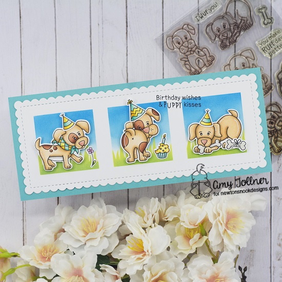 Puppy Playtime Stamp and Die Set, Bleat Stamp and Die Set, Newton's Birthday Bash Stamp and Die Set, Christmas Puppies Stamp and Die Set, Hills & Grass Stencil, Slimline Masking Circles & Squares Stencil Set, Slimline Frames & Portholes Die Set by Newton's Nook Designs #newtonsnook #handmade