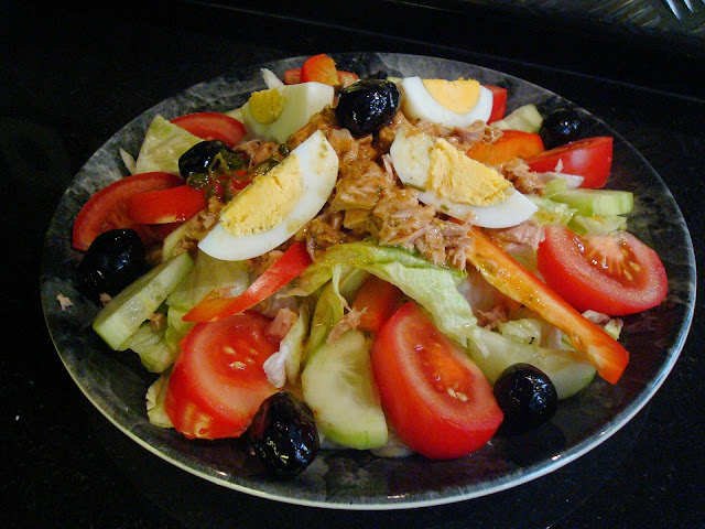 Super-Large Tuna Salad with Tomatoes, Olives, Eggs, Red Pepper Strips