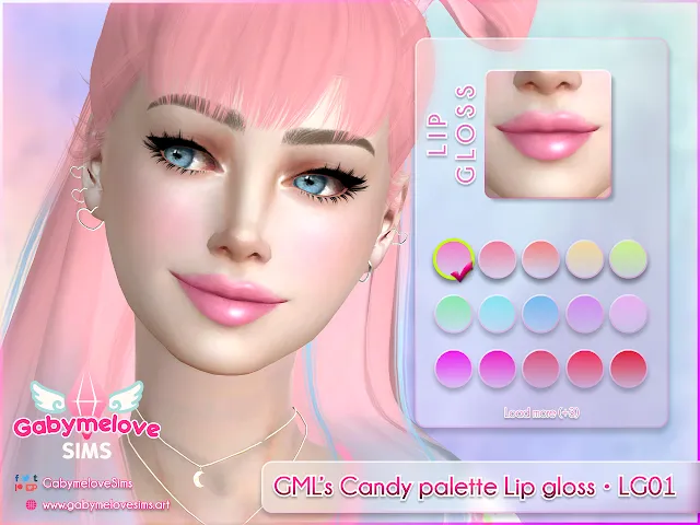 Sims 4 CC | Makeup: GML's Candy palette Lip gloss • LG01 | Gabymelove Sims | contenido personalizado, custom content, mod, mods, download, free, descargar, gratis, make-up, maquillaje, Gaby, Caramelo, Dulces, Candies, Sweet, Kawaii, Cute, Nice, Paleta, colores, color, colors, lipgloss, lipstick, labial, brillo, labios, shine, shiny, pink, blue, yellow, orange, purple, lilac