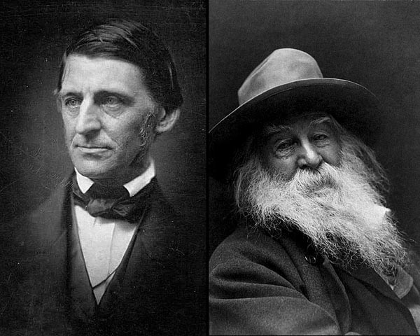 two black and white photos: a severe-looking man in 19th-century clothing on the left, and a slouch-hatted, long-bearded old man with a gentle expression on the right