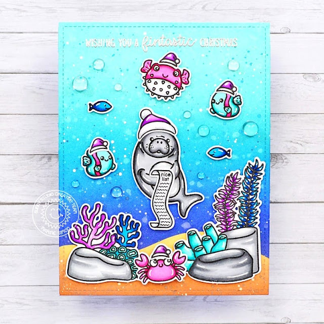 Sunny Studio Stamps: Fintastic Friends Ocean Themed Card by Marine Simon (featuring Ocean View, Penguin Pals)
