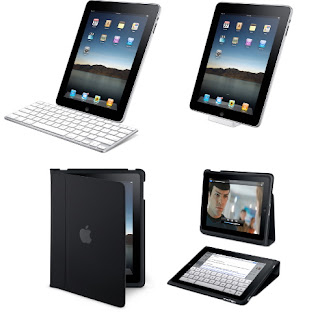 iPad with accessory dock, keyboard, and stand