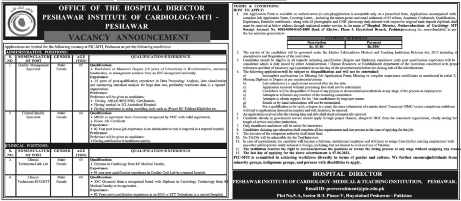 Latest Peshawar Institute of Cardiology PIC Medical Posts Peshawar 2022