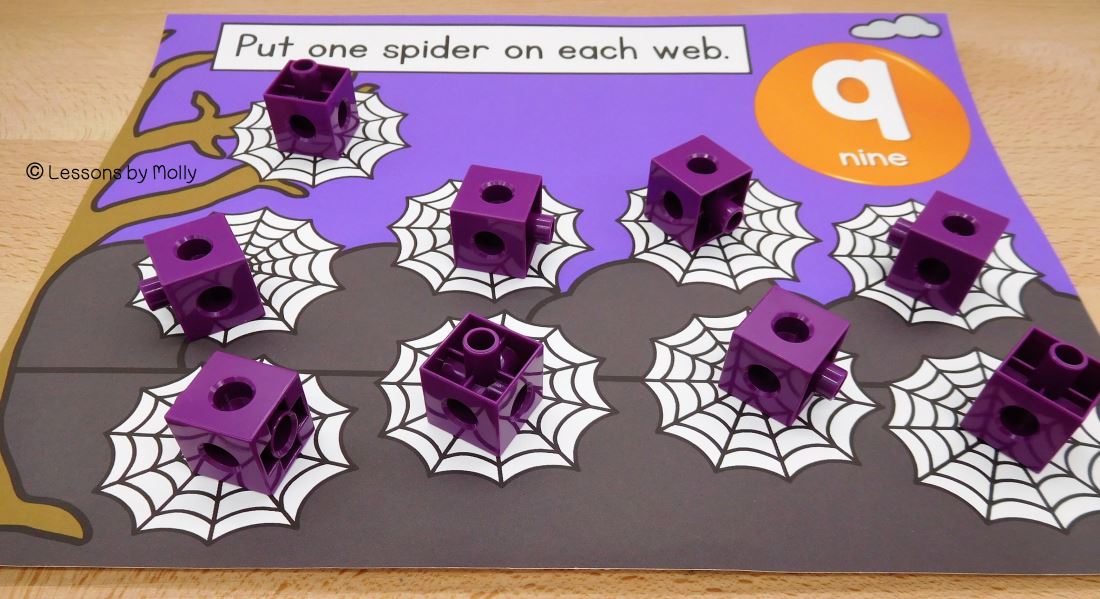 Purple Math Cubes as Spiders on Spider Webs: Engaging One-to-One Correspondence Math Activity