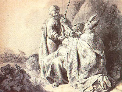 Hur and Aaron hold up Moses' hands - Jan Lievens engraving (1627-1630)